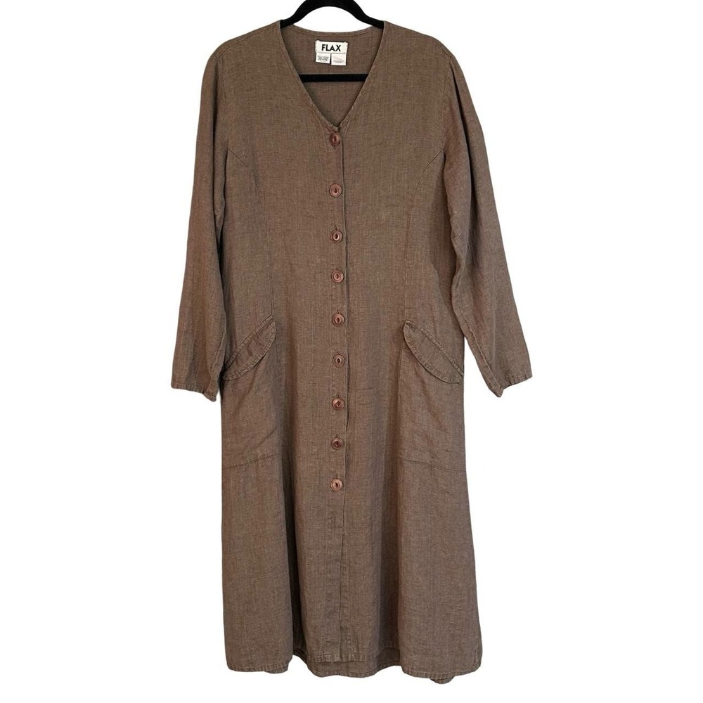 FLAX Linen Maxi Dress Petite 4-6 Boho Button Front Long Sleeve Pockets Lagenlook